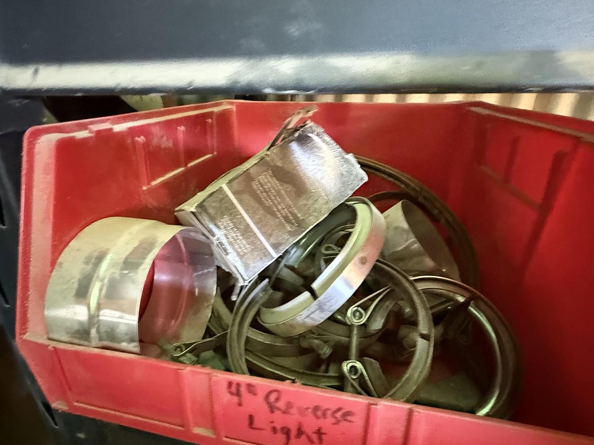 Used (1) 112-BIN BOLT BIN, (1) 77”L X 24”W X 78”H 4-SHELF RACK, (10) DURHAM SLIDE-OUT COMP. BOXES, ALL W/ TRUCK PARTS & RELATED