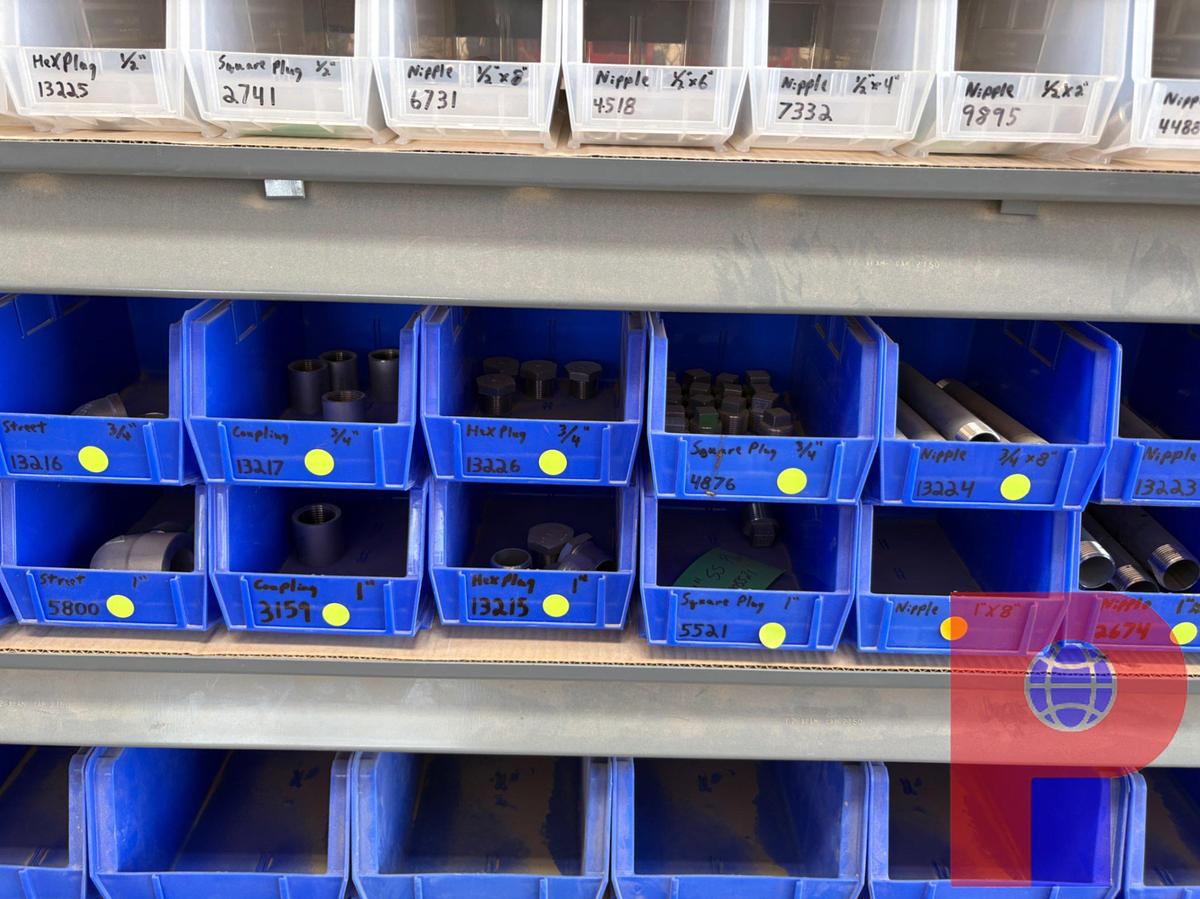 Used 6’ X 2’ X 6’ SHELF W/ STOCKED BOLT BINS