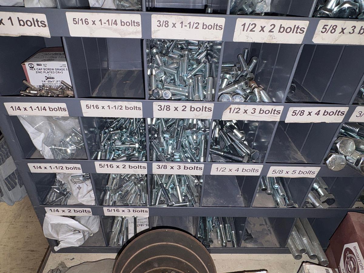 Used Bolt bin w/ (1000+) unused nuts, bolts, & washers