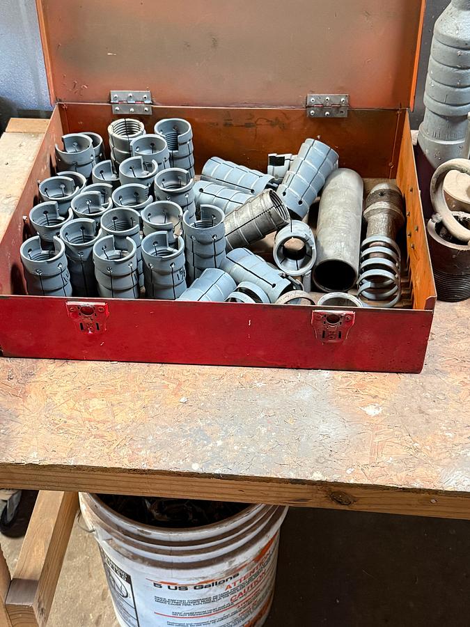 Used (3) crescent socket sets w/ assorted lift nubbins, slip parts, etc. & Box of assorted Basket Grapples