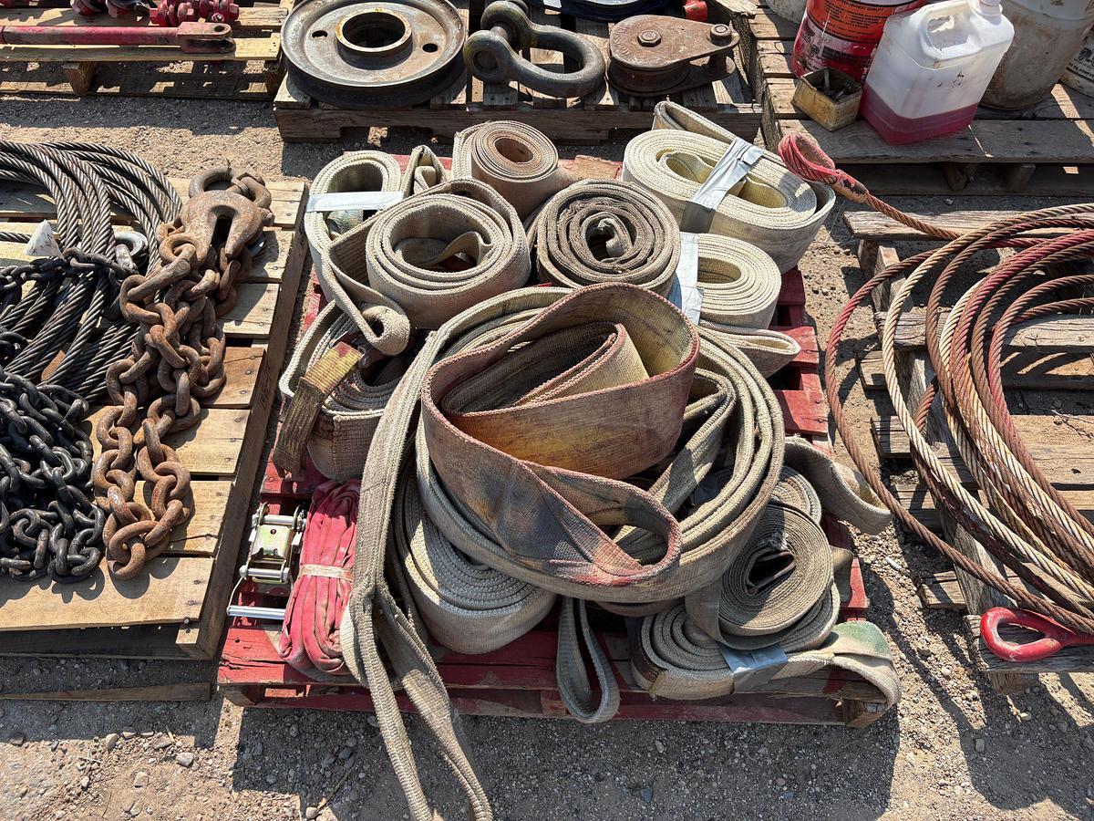 Used (3 pallets) w/ 3/4” wire rope, heavy duty chains, nylon lift straps, & sling restraints