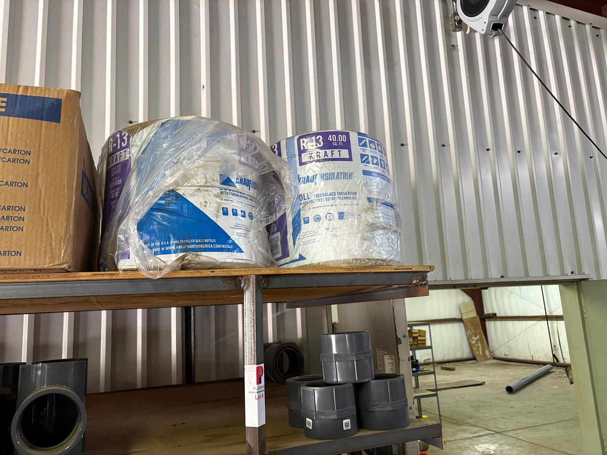 Used Contents of (5) shelves w/ U-line oil spill pads, various 2” to 4” PVC pipe fittings, etc.