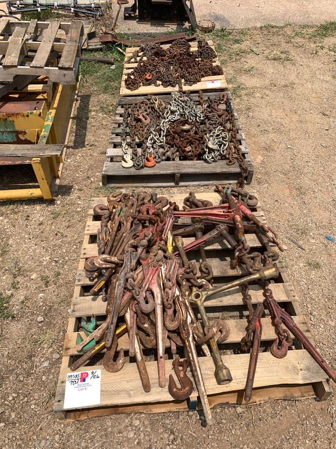 Used (3) Pallets of 3/8” and 1/2” Chains and Binders