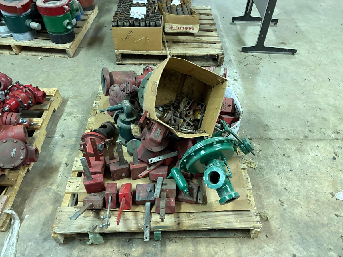 Used Pallet of (8) assorted Kimray 2” & 3” ball & check valves, & valve parts