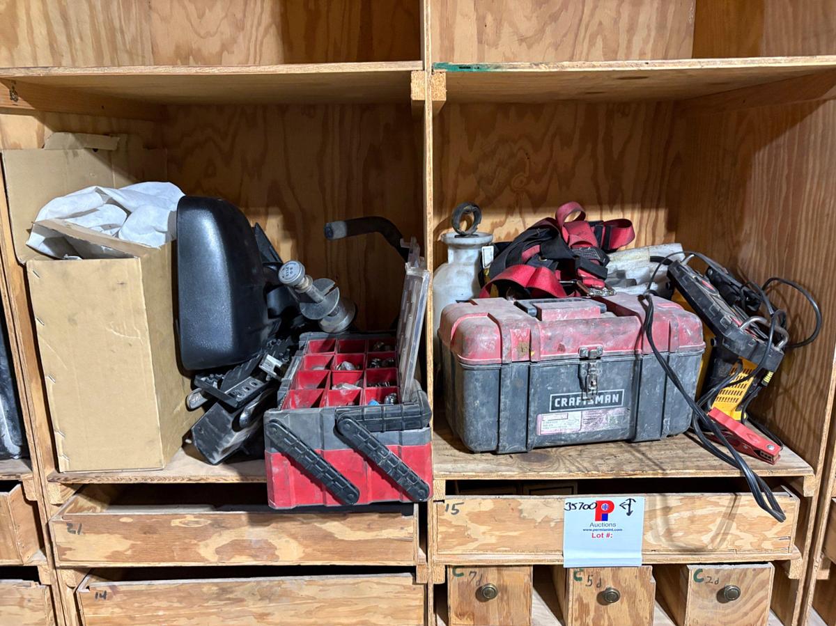 Used (4) shelves w/ assorted truck parts, chains, hand tools, etc.