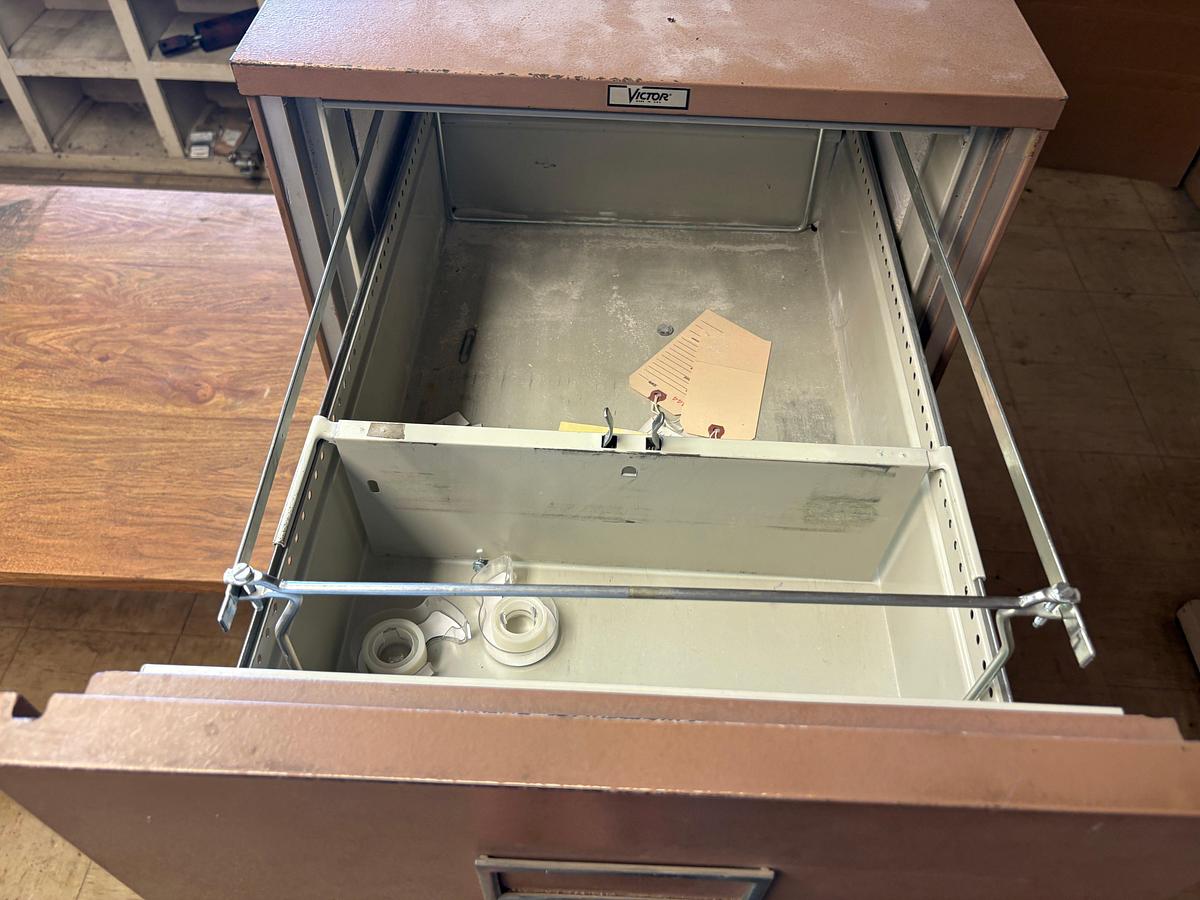 Used (3) Victor 4-drawer fire proof filing cabinets & 5’ x 30” x 28” desk