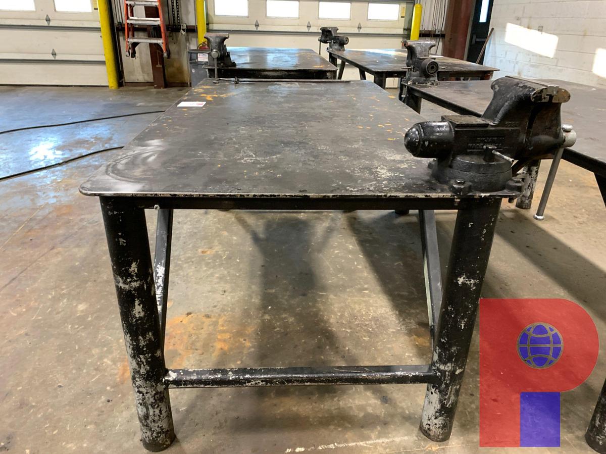 Used 8’ X 4’ STEEL TABLE W/ 8” JAW VICE