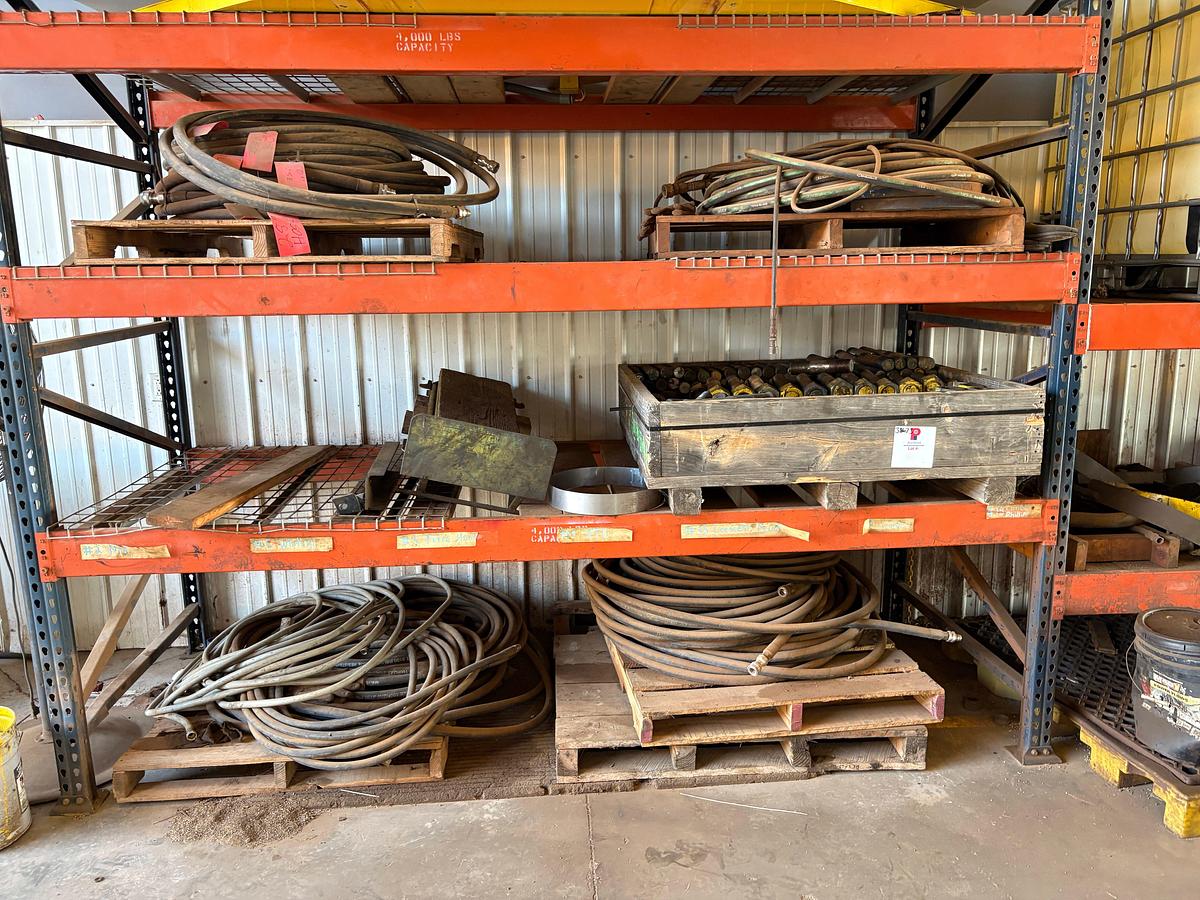 Used Contents of (5 shelves) w/ hydraulic hoses, (150+) stud bolts, 275 gallon tote, oil drum, etc