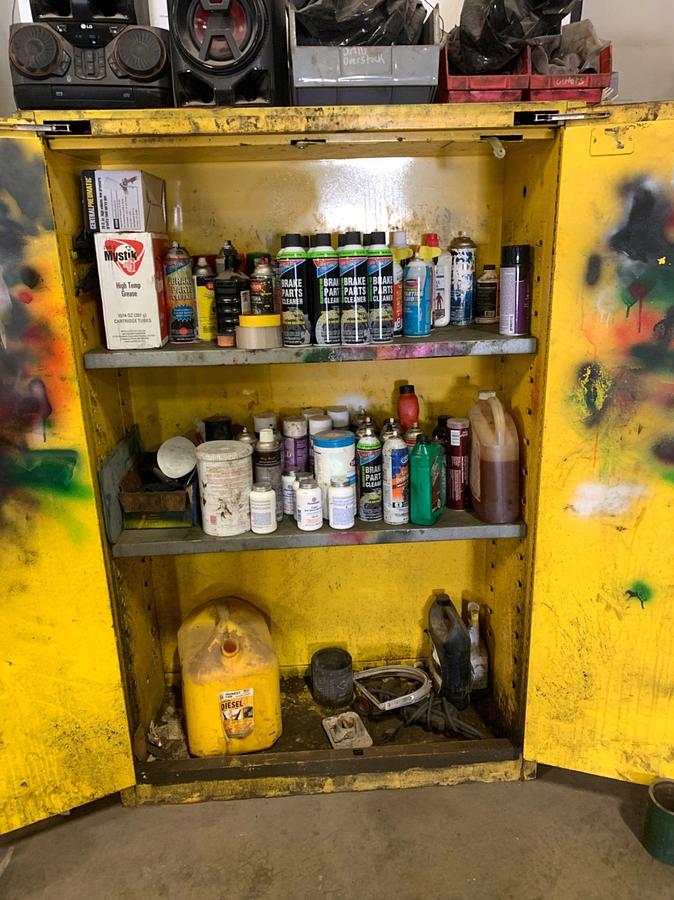 Used Cabinet and all it’s Contents ( Brake Parts Cleaner, Anti Seize Lubricant, Starting Fluid, PB Blaster, High Temp Grease)