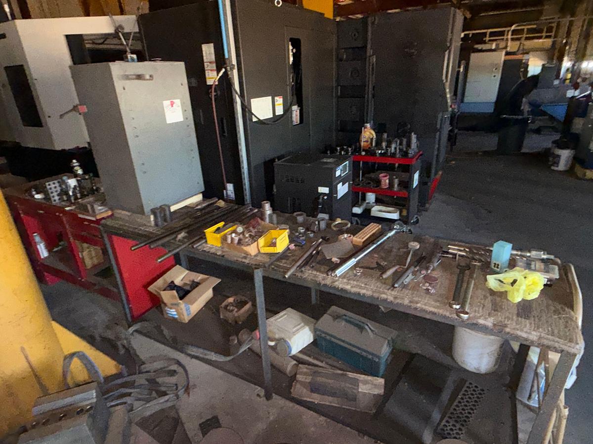 Used SECTION W/ (2) WORK BENCHES, SMALL METAL CABINET INCLUDING CONTENTS OF MACHINE CUTTING TOOLS, SOME HAND TOOLS, & RELATED