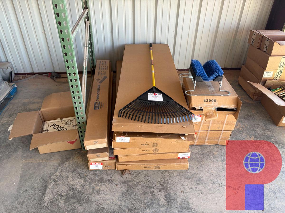 Used (6) LEAF RAKES, (5) CONTRACTOR BROOMS, (3) BOOT SCRUBBERS, & BOX OF HAZARDOUS MATERIALS SIGNS