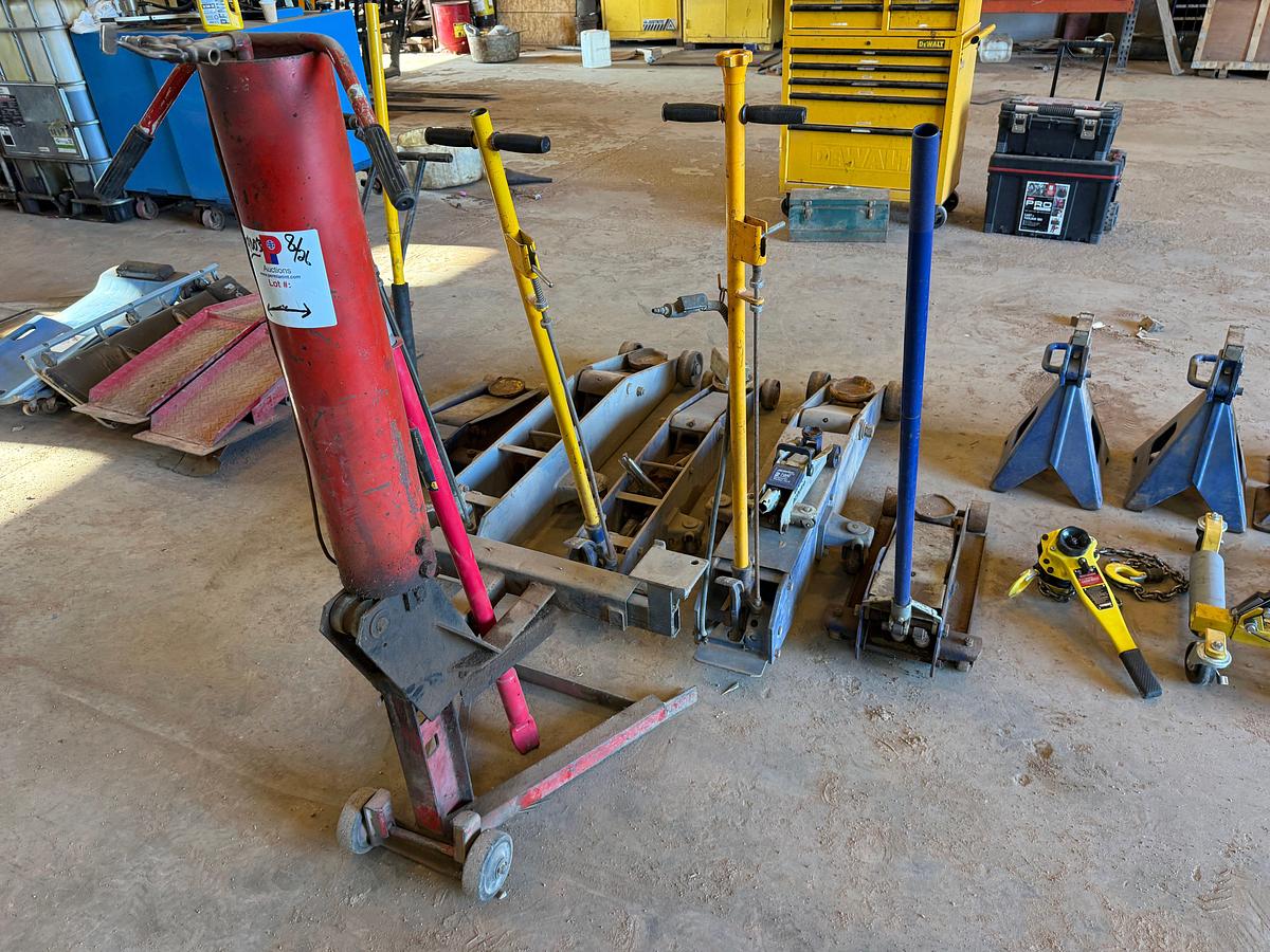 Used LOT OF (7) 2-TON TO 20-TON FLOOR JACKS, (1) 1-1/2 TON CHAIN HOIST, (2) DAYTONA WHEEL DOLLEYS, (6) 10-TON TO 22-TON JACK STANDS