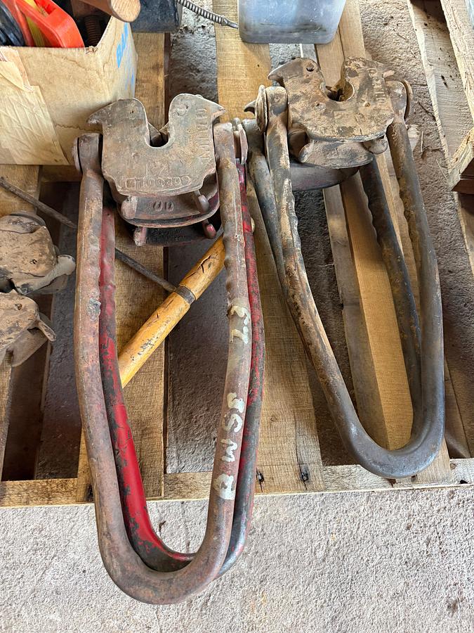 Used (2) PALLETS W/ (4 SETS)-OBANNON ROD ELEVATORS, ALLEN WRENCHES, 50’ TAPE MEAS., SOCKETS, HAND TOOLS, C-CLAMPS