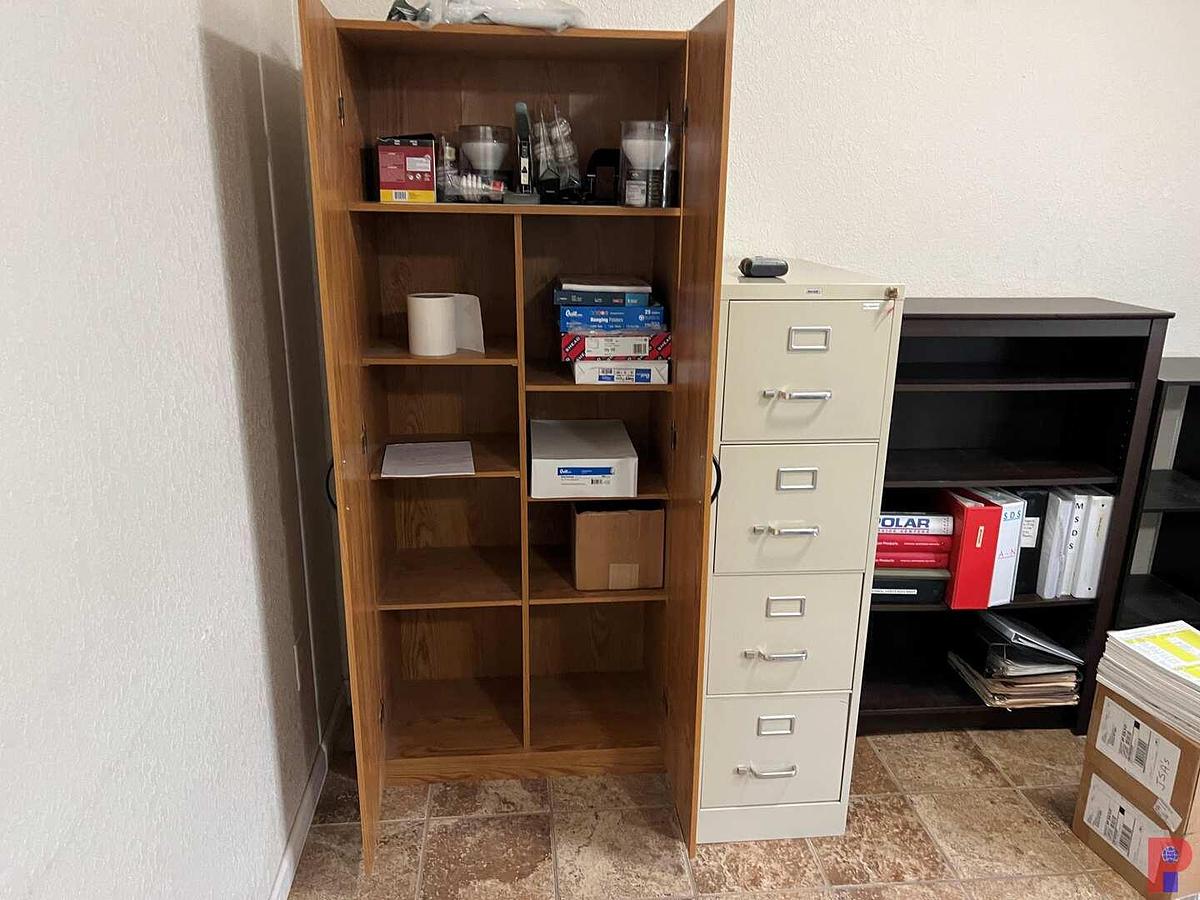 Used OFFICE CONTENTS TO INCLUDE 30"X62" WOOD DESK, 4&3 DRAWER FILE CABINETS, & SEE DETAILS