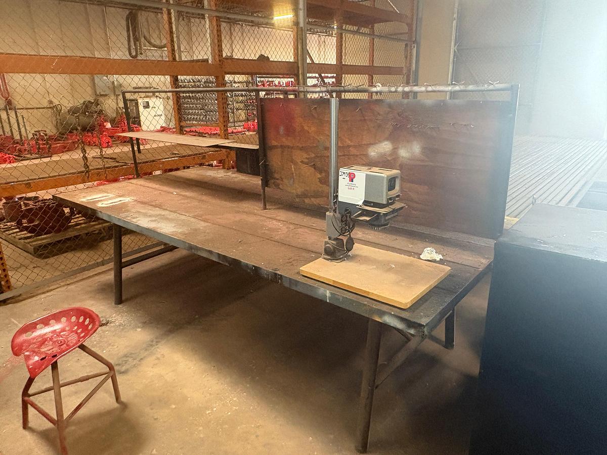 Used 10’ x 57” x 3’ shop table W/ durst 606 drill press, 4-drawer filing cabinet, & 90” x 45” storage rack