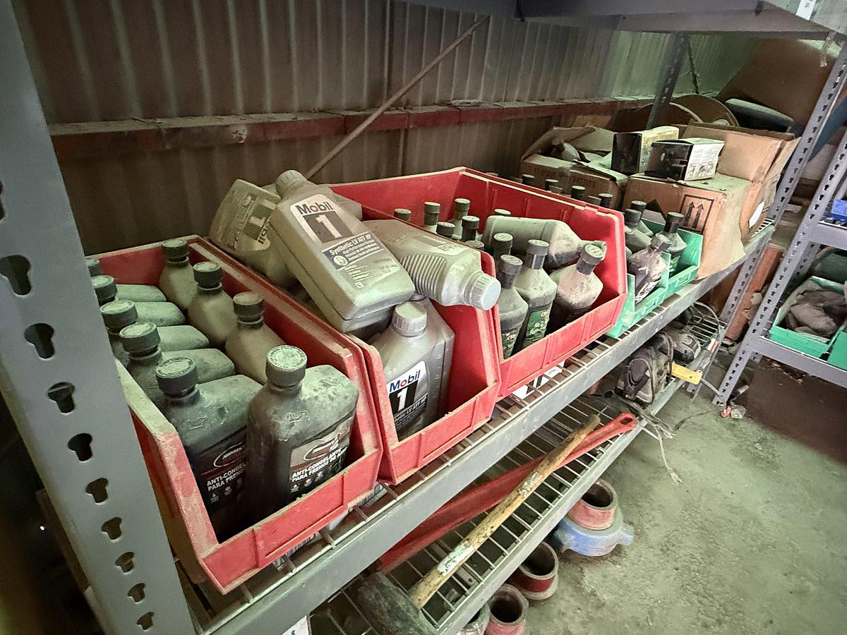 Used 96”L X 24”W X 72”H 3-SHELF RACK W/ TRUCK FLUIDS, ELECTRIC & HAND TOOLS