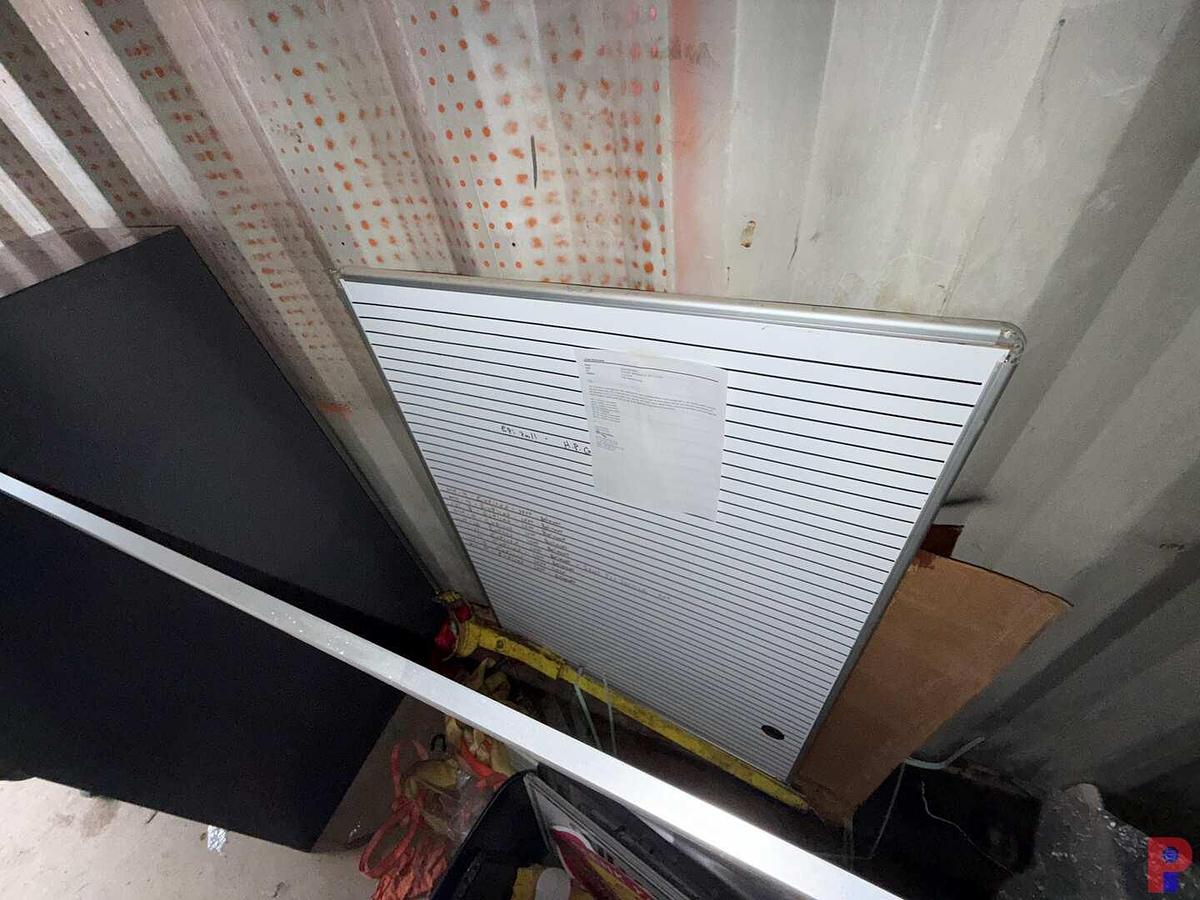 Used SECTION W/ (2) DRAWER CABINET, HI-BACK ROLLING CHAIR, 4-DRAWER FILING CABINET, (2) WHITE BOARDS, TUB OF SAFETY SIGNS