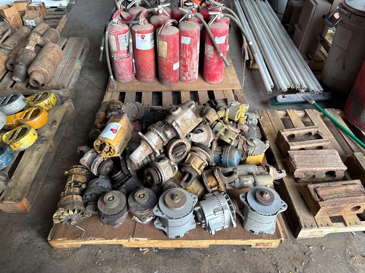 Used (3 pallets) of assorted pulley/drive belts, engine starters & fire extinguishers