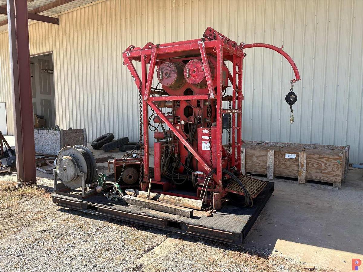 Used HYDRA RIG HR680 INJECTOR STRIPPER & PACKOFF, HOSE REEL & PUMP ON 11’ X 8’ HD SKID