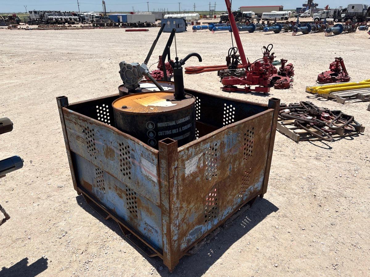 Used 4.5’ x 4’ x 3’ bin w/ (2) lubricant drums w/ manual grease pumps