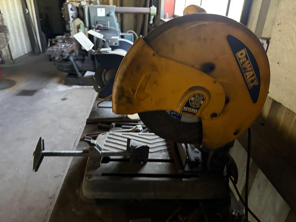 Used LOT W/ (1) PALMGREN 10” BENCH GRINDER, (1) DEWALT 14” CHOPSAW, & 5’x2’x3’ WORK BENCH
