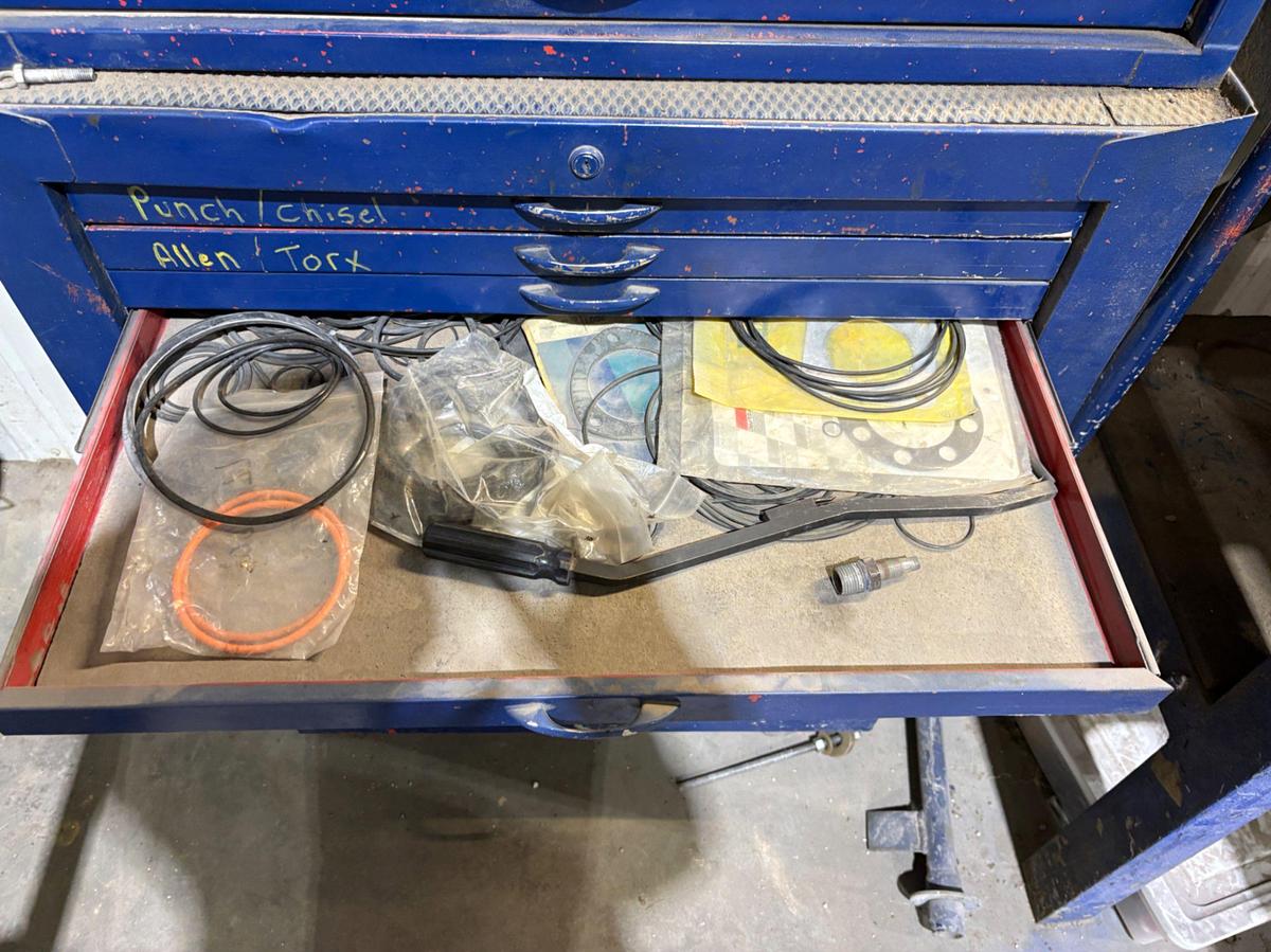 Used 34” x 18” x 60” tool box w/ contents