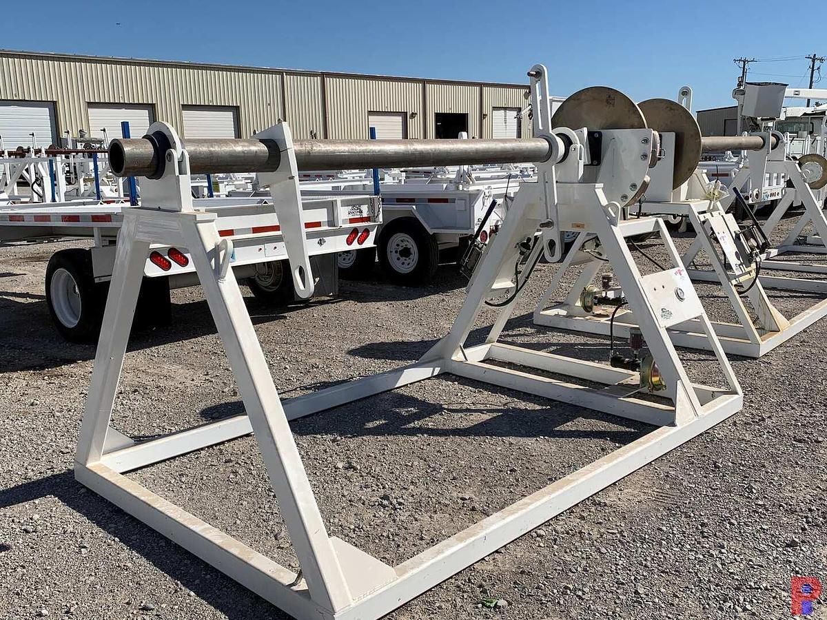 Used 94”W X 5’H REEL STAND W/ 28” DUAL CALIPER HYDRAULIC HAND BRAKE