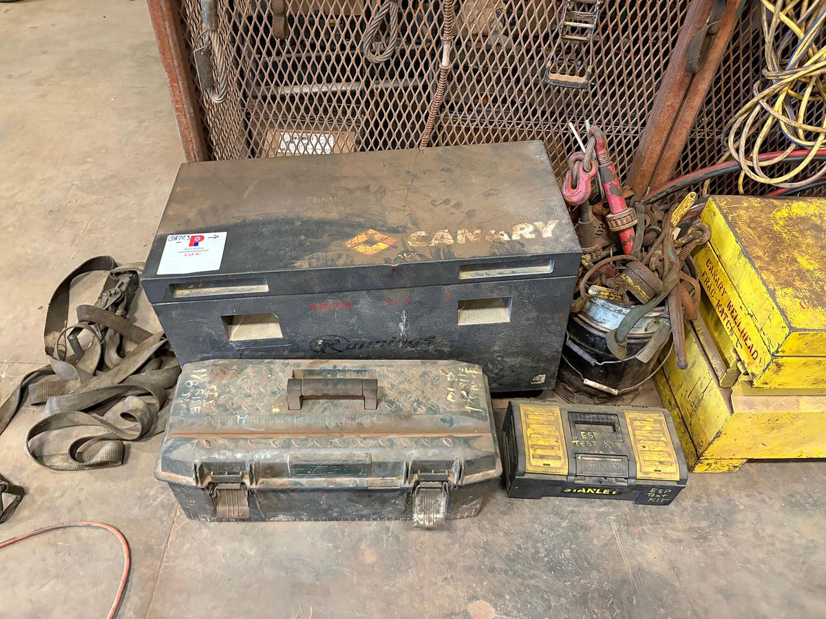 Used Lot w/ (3) job boxes w/ contents, trailer hitches, air & hydraulic hoses, safety harnesses, ladders, etc.