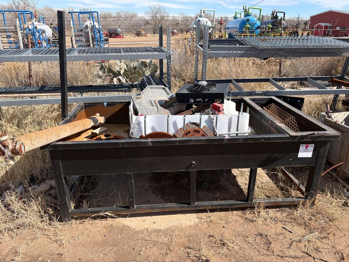Used Lot of shelving units, tool storage table, grill guard, assorted engine parts, etc