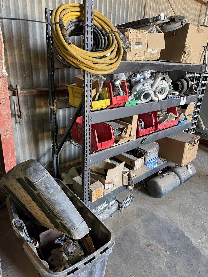 Used 77”L X 24”W X 78”H 4-SHELF RACK W/ ENGINE PARTS & RELATED