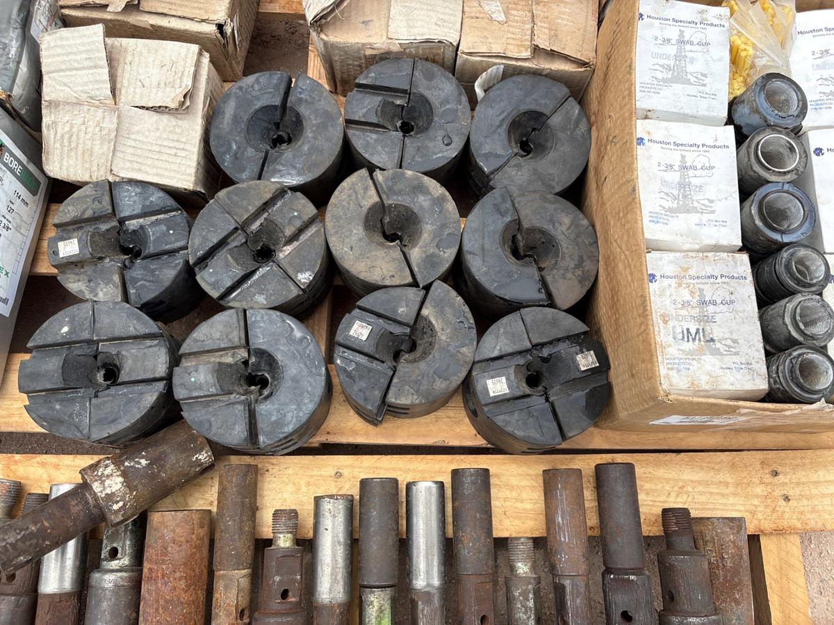 Used (2 pallets) assorted swab cups, stripper rubbers, hydraulic hoses, & drill bits