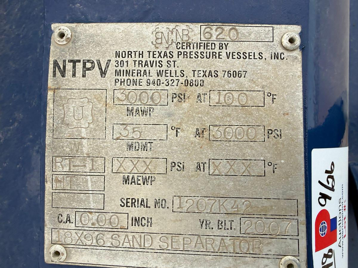Used NTPV 18x96” 3,000 MAWP SAND SEPARATOR