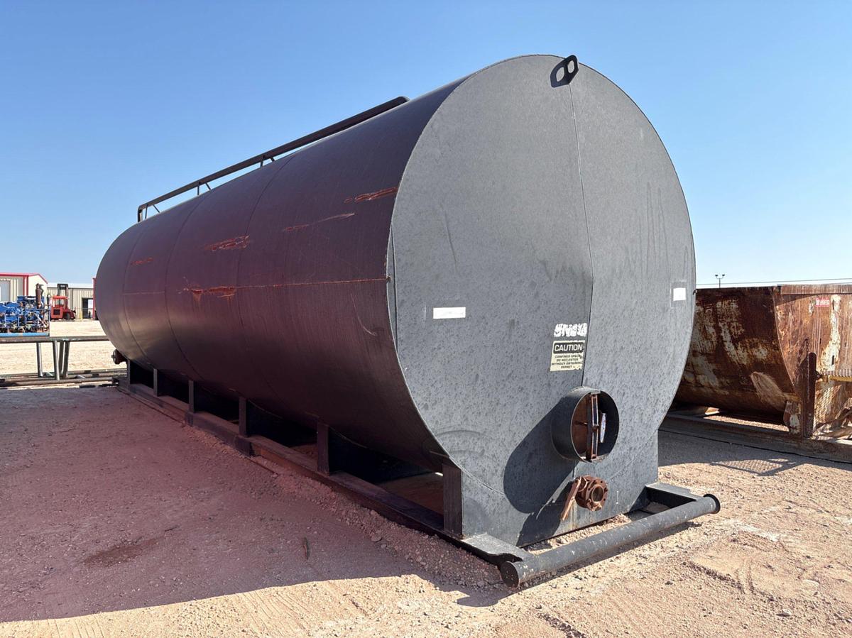Used J&J steel 10’ 6” x 32’ 500BBL round bottom frac tank, skidded