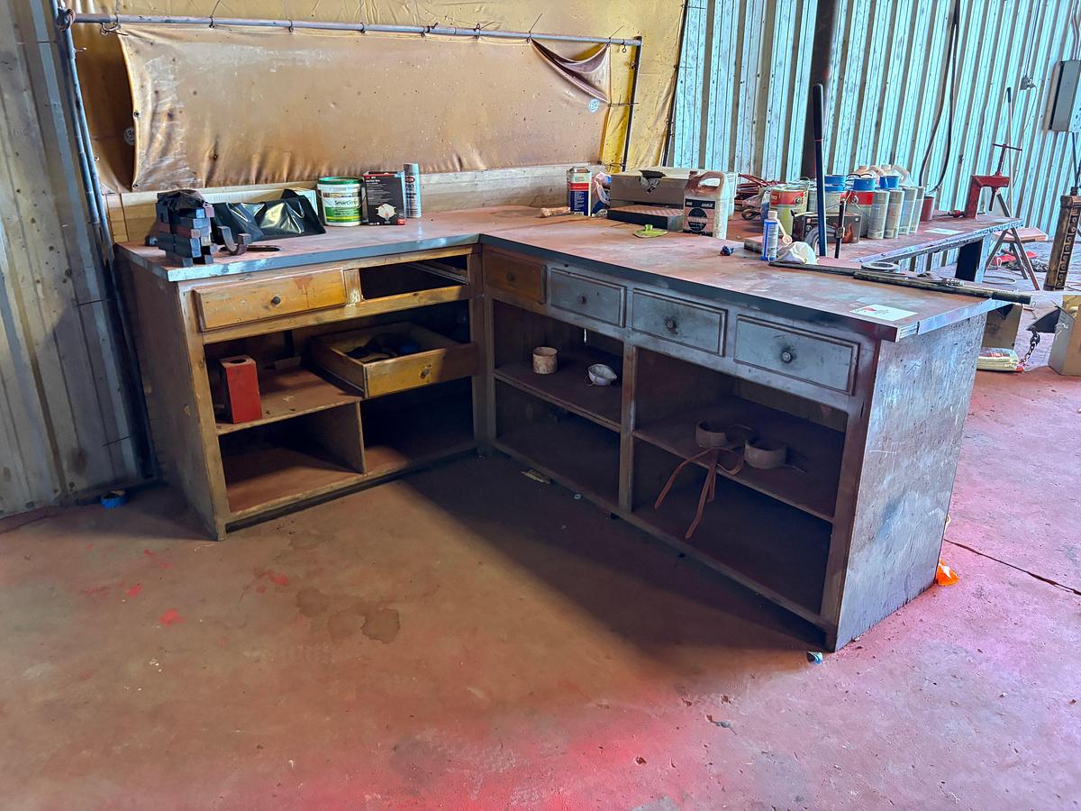 Used 100” x 75” x 41” L-shaped shop table