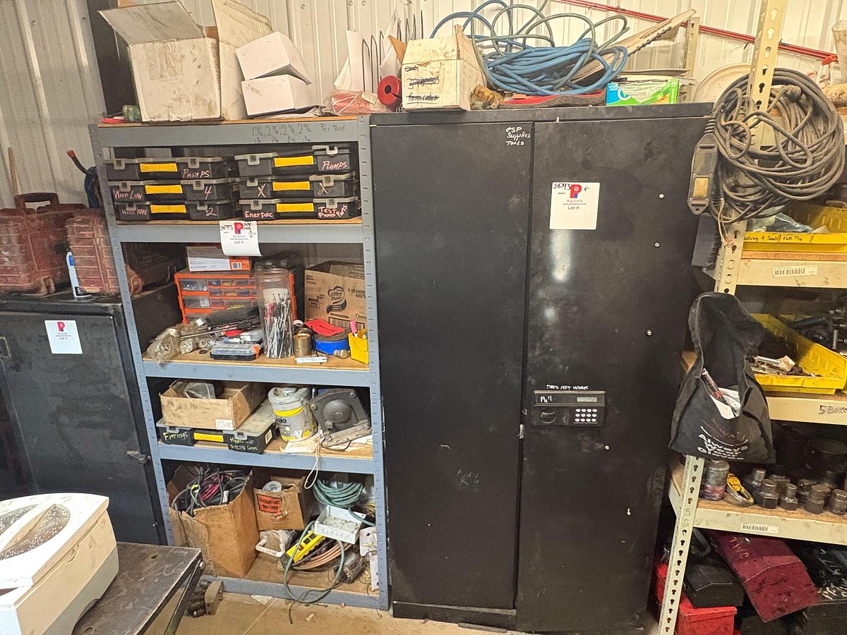 Used 3’ x 1.5’ x 6’ shelving & 3’ x 1.5’ x 6’ supply cabinet w/ contents
