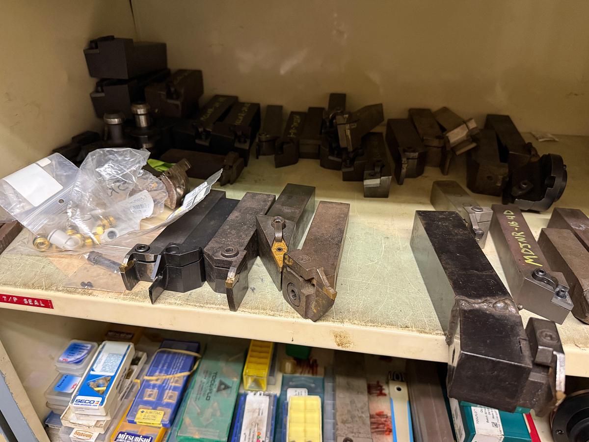 Used ROOM W/ SHELVES & (2) DOOR CABINET INCLUDES (100+) MACHINE CUTTING TOOLS, SUPPLIES, SPARE PARTS, & RELATED