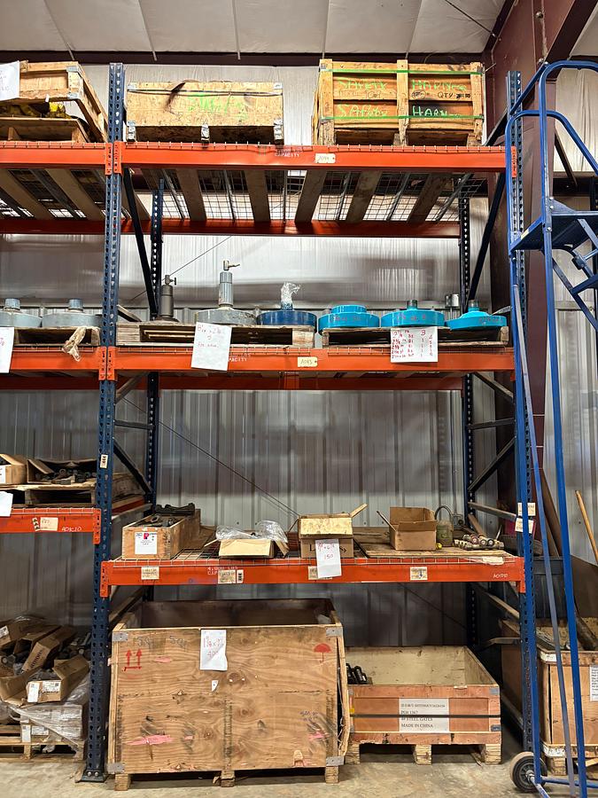 Used Contents of (4 shelves) w/ 500+ assorted stud bolts, test flanges, 2-3/8 to 2-7/8 landing flanges, straps & safety harnesses