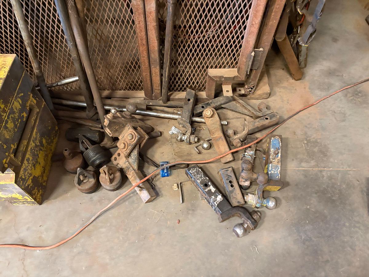 Used Lot w/ (3) job boxes w/ contents, trailer hitches, air & hydraulic hoses, safety harnesses, ladders, etc.