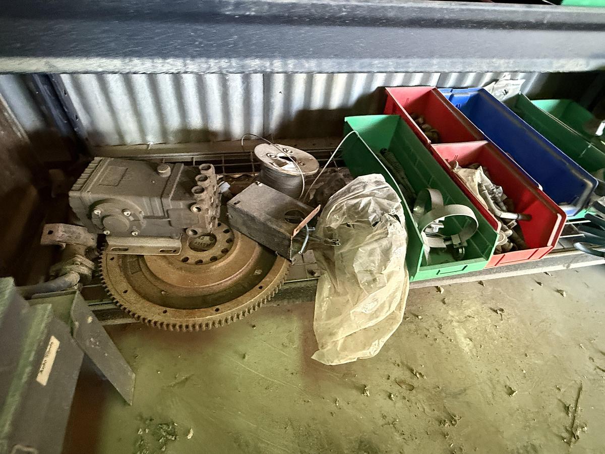 Used (1) 112-BIN BOLT BIN, (1) 77”L X 24”W X 78”H 4-SHELF RACK, (10) DURHAM SLIDE-OUT COMP. BOXES, ALL W/ TRUCK PARTS & RELATED