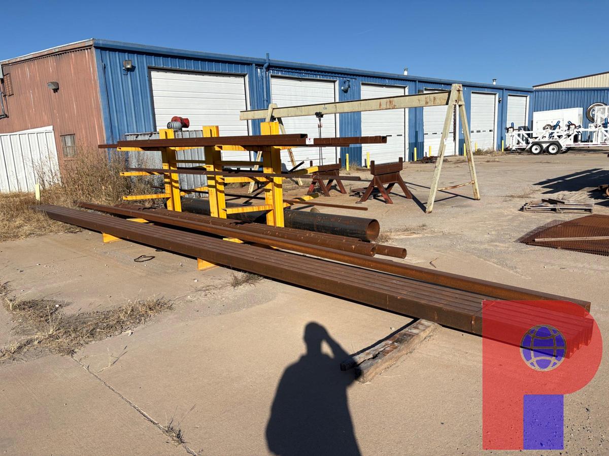 Used 10’8” X 10” X 7’ TOOL RACK W/ ASSORTED SIZE STOCK IRON, PIPE, SQUARE TUBING, ANGLE IRON