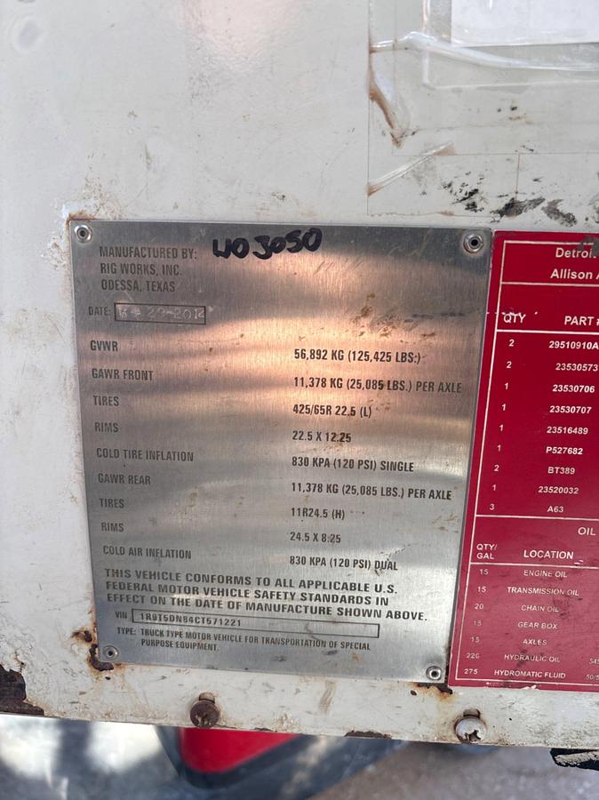 Used 2012 RIG WORKS MUSTANG 550 4-AXLE WELL SERVICE RIG