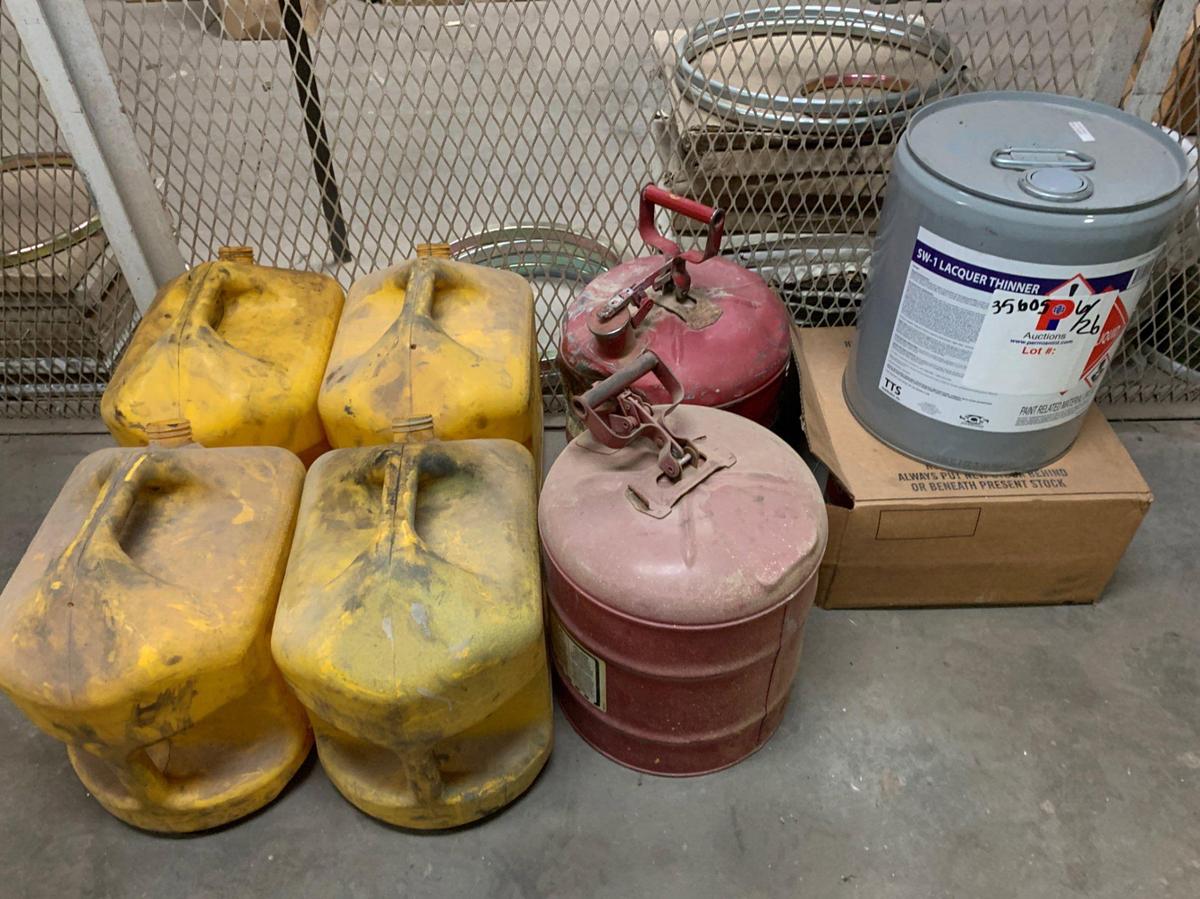 Used Diesel, and Gas Cans, and 5 Gal Bucket of Lacquer