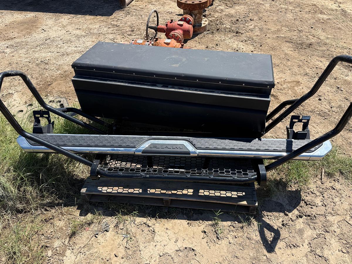 Used 57”L X 19”W X 18”H TOOLBOX, RANCH HAND BUMPER, RAM STEP RAIL