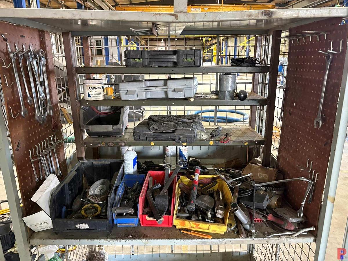 Used 3.5’ X 2.5’ X 6’ ROLLING STORAGE CABINET W/ (2) 10K HYDRAULIC PUMPS, HYDRAULIC TORQUE WRENCHES, POWER & HAND TOOLS