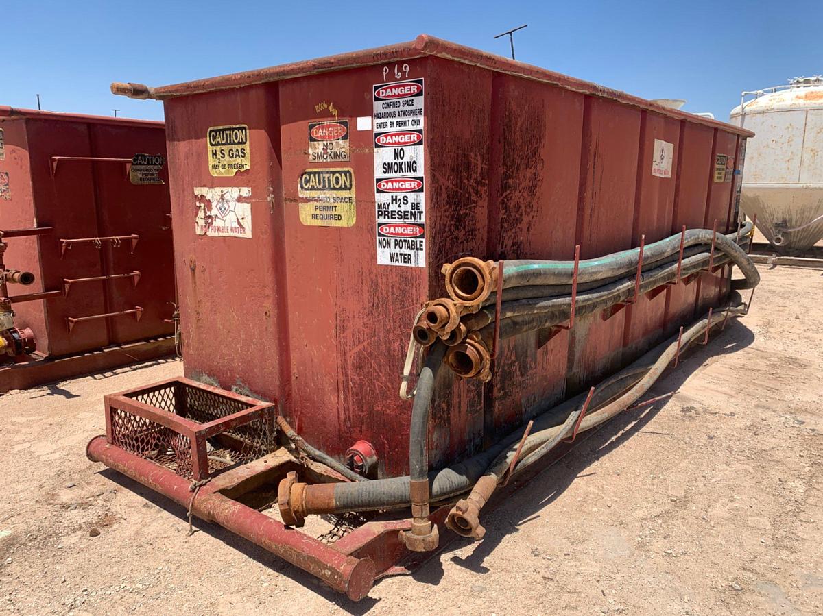 Used 21’ L x 9’ W x 8’ T 115 Bbl Open Top Skidded Tank w/ 2 Compartments