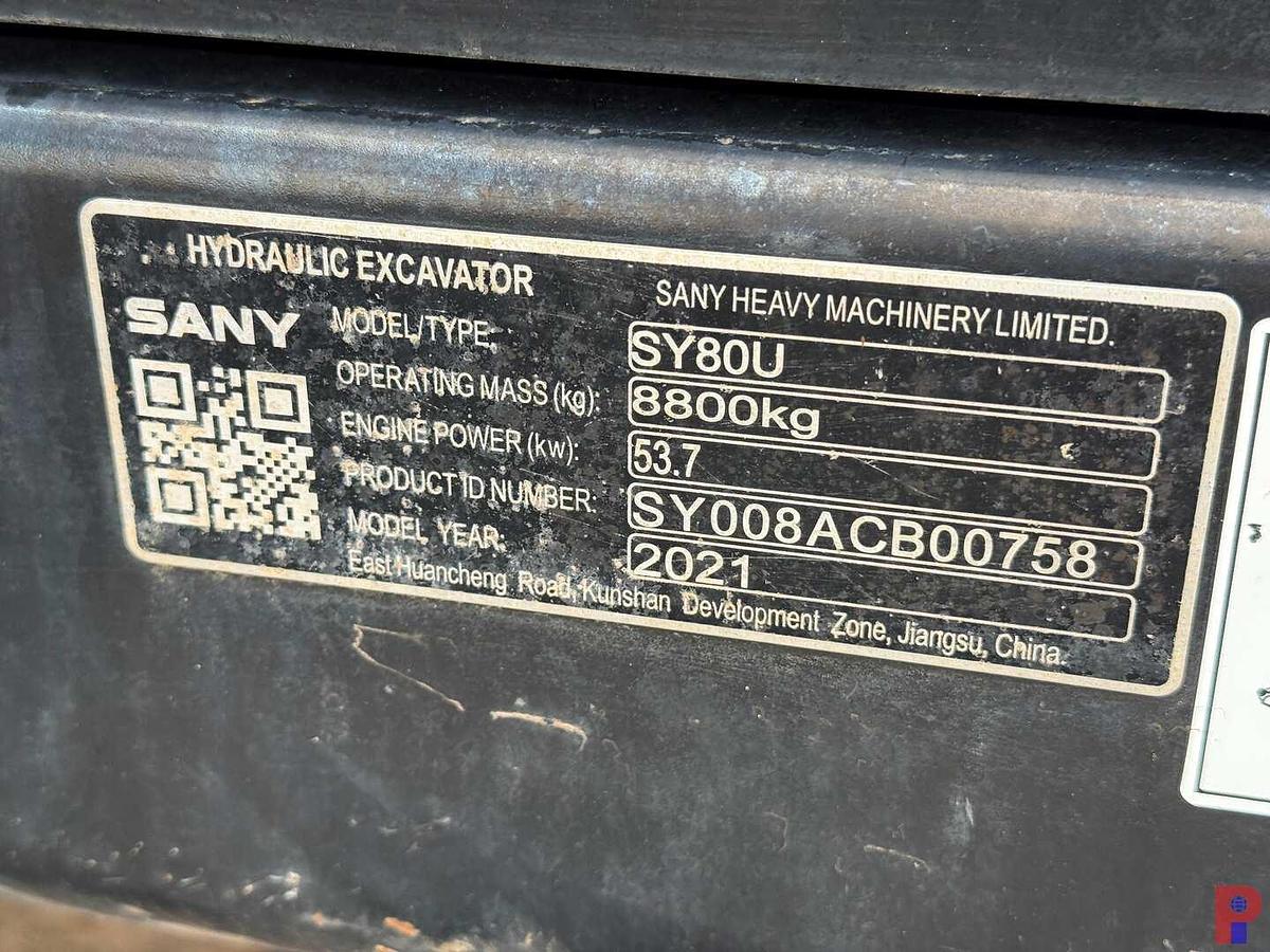 Used 2021 SANY SY80U COMPACT MINI EXCAVATOR **5 YEAR 5000 HOUR WARRANTY FROM IN SERVICE DATE**