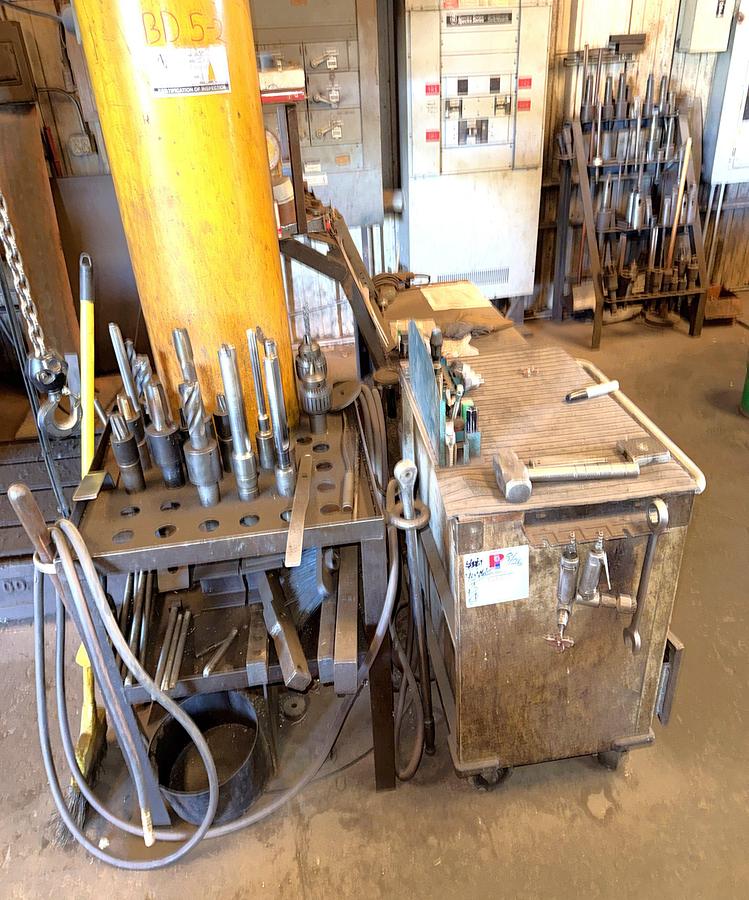 Used SECTION OF (4) TOOL RACK/ TABLES / ROLLING / CART W/ CONTENTS OF RADIAL ARM DRILL PRESS TOOLING & RELATED