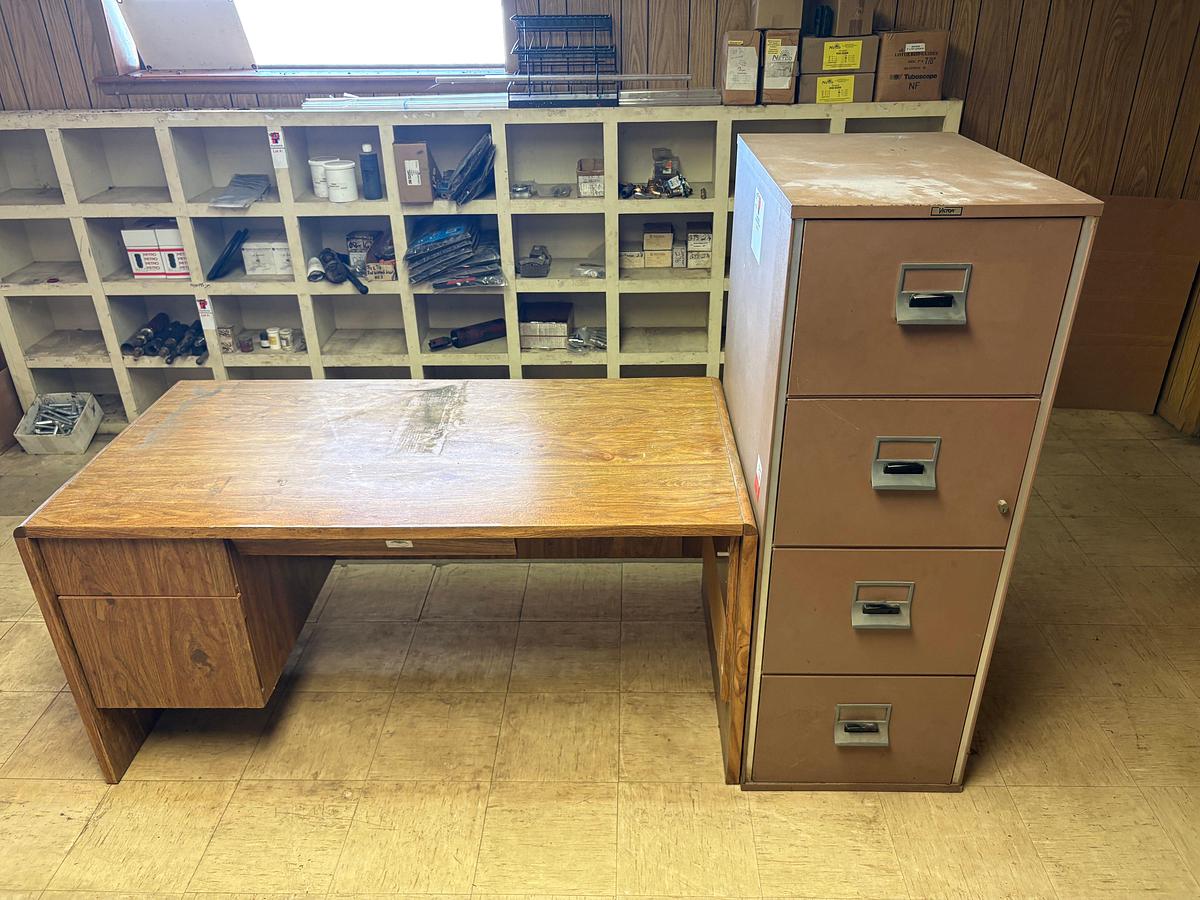 Used (3) Victor 4-drawer fire proof filing cabinets & 5’ x 30” x 28” desk