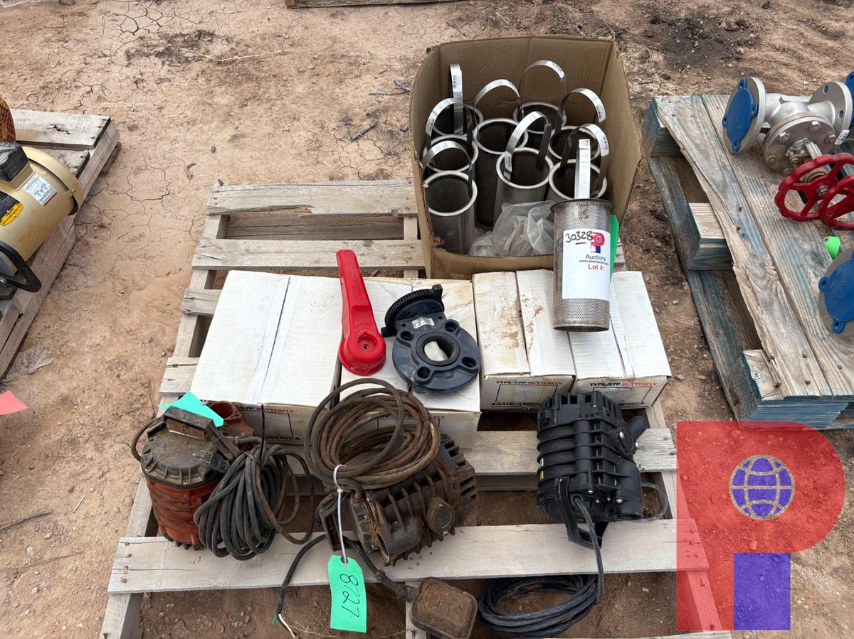 Used PALLET W/ (5) NEW ASAHI 57P 2” BUTTERFLY VALVES, (3) CHEM PUMPS, & STRAINER BASKETS