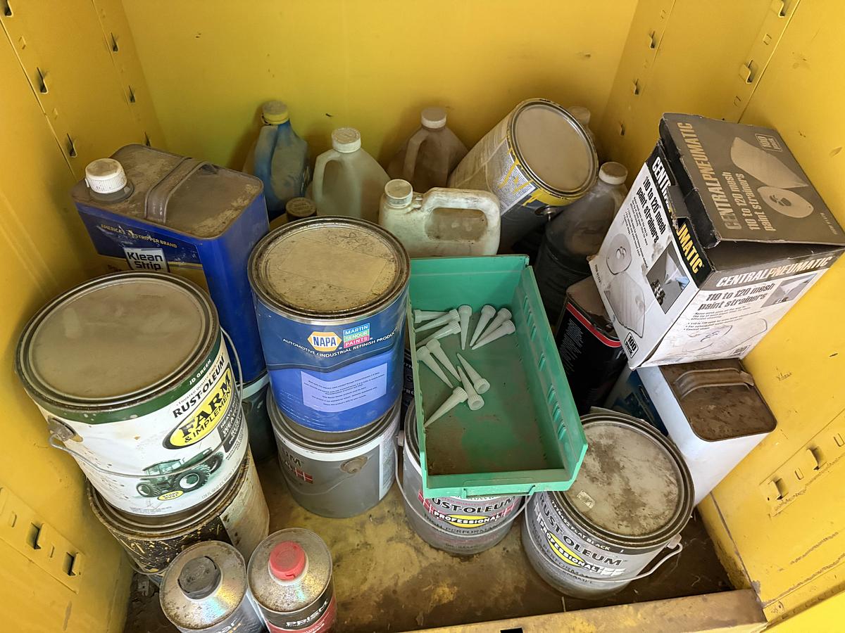 Used (1) 34”L X 34”L X 65”H FLAMMABLE LIQUID STORAGE CABINET & (1) 30”L X 15”W X 72”H 3-SHELF CABINET, ALL W/ TRUCK PARTS & PAINT